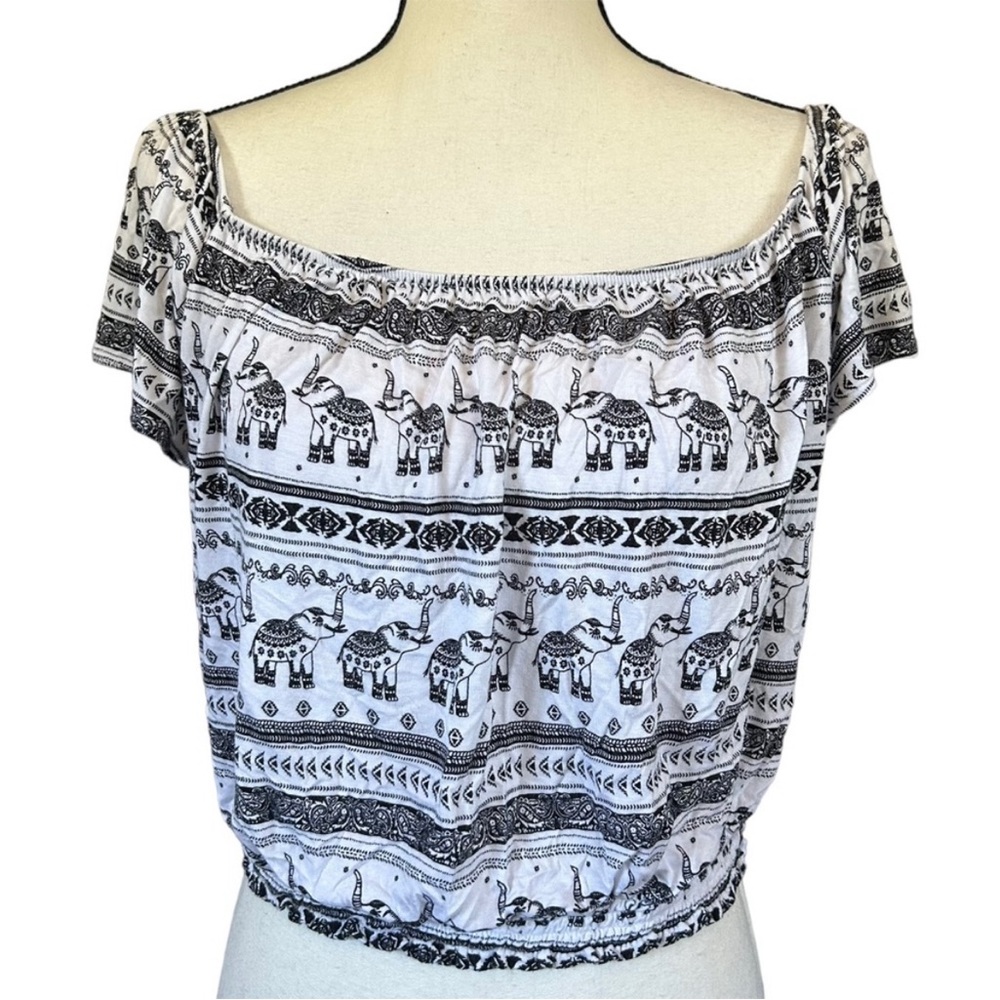 H&M Loves Coachella Elephant Crop Top Off Shoulder Black White Summer Festival L